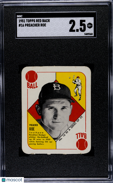 1951 Topps Red Back Preacher Roe #16 SGC 2.5
