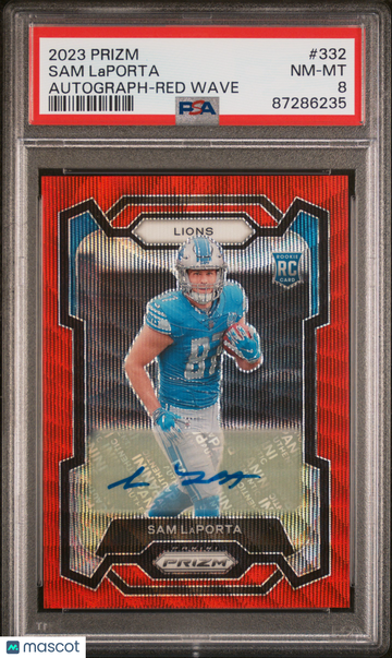 2023 Panini Prizm Sam Laporta #332 Autograph Red Wave PSA 8