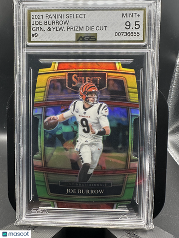 2022 Panini Select Prizm Concourse Joe Burrow #9 Green & Yellow Die-Cut AGS 9.5