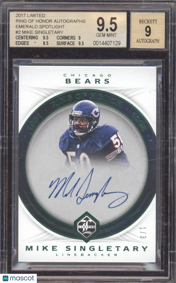 2017 Limited Ring of Honor Autographs Emerald Spotlight Mike Singletary #2 /3 BGS 9.5 Auto 9