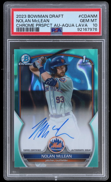 2023 Bowman Draft Nolan Mclean Chrome Prospect Autograph Aqua Lava Refractor PSA 10