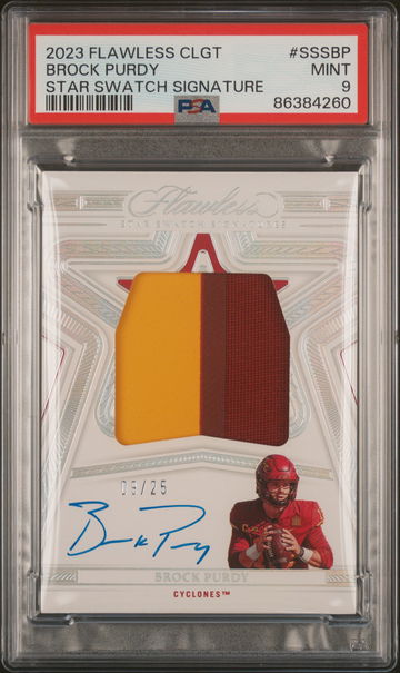 2023 Panini Flawless Collegiate Star Swatch Signatures Brock Purdy #SSSBP /25 PSA 9