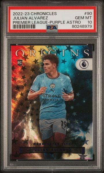 2022-23 PANINI CHRONICLES EPL JULIAN ALVAREZ PURPLE ASTRO #90 RC PSA 10