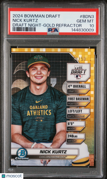 2024 Bowman Draft Bowman Draft Night Nick Kurtz #BDN3 Gold Refractor /50 Short Print Rookie PSA 10