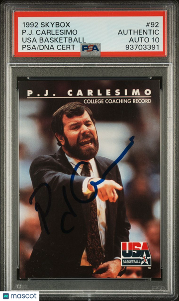 1992 Skybox Usa Basketball P. J. Carlesimo #92 Usa Basketball PSA A Auto 10