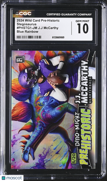 2024 Wild Card Pre-Historic J.J McCarthy #PHSTG1-JM Blue Rainbow /20 Stegosaurus CGC 10