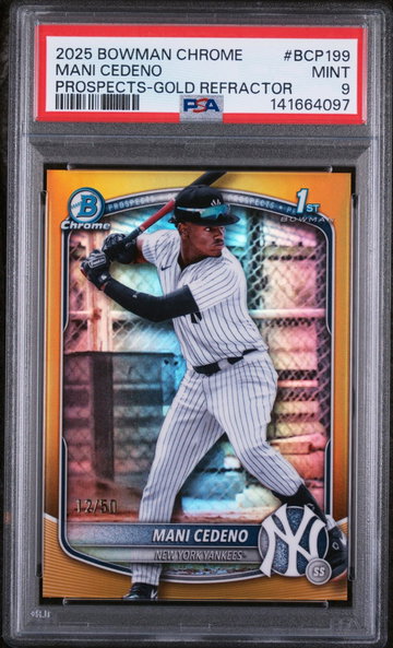 2025 Bowman Chrome Prospect Gold Refractor Mani Cedeno #BCP199 /50 PSA 9