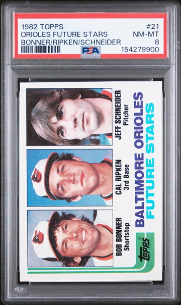 1982 Topps Orioles Future Stars Bob Bonner/Cal Ripken Jr./Jeff Schneider #21 PSA 8
