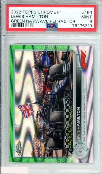 2022 TOPPS CHROME F1 LEWIS HAMILTON #160 GREEN RAYWAVE REF 10 OF 99 PSA 9 MINT