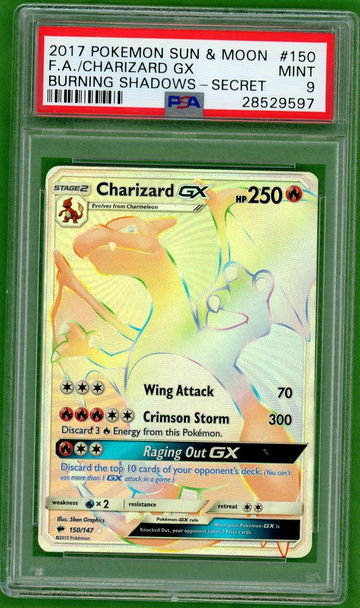 2017 Pokemon Sun and Moon Burning Shadows Secret Rare Charizard Gx #150 PSA 9