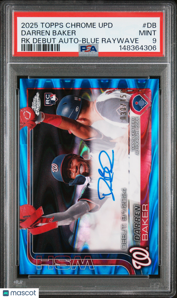 2025 Topps Chrome Update Rookie Debut Autographs Darren Baker #DB RK Blue Raywave /150 Short Print Rookie PSA 9
