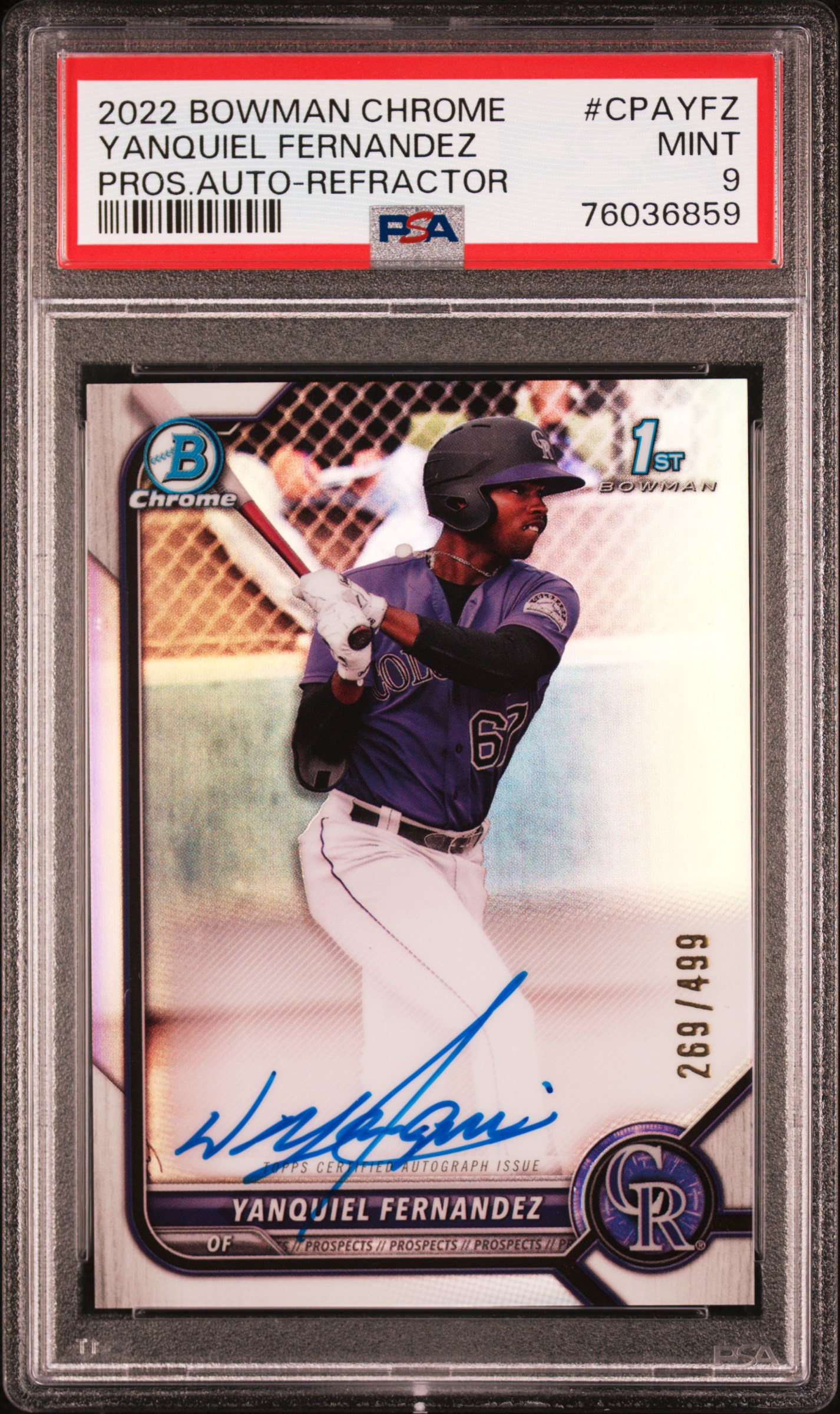 2022 Bowman Chrome Auto Yanquiel Fernandez #CPAYFZ REFRACTOR PSA 9
