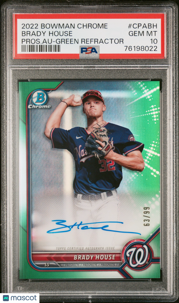 2022 Bowman Chrome Prospect Autographs Brady House #CPABH Pros. Au Green Refractor PSA 10