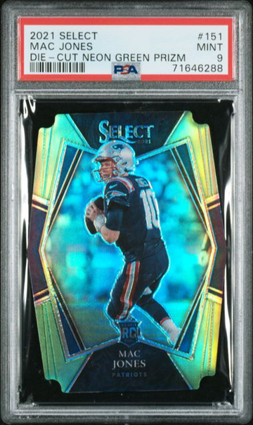 2021 PANINI SELECT MAC JONES DIE CUT NEON GREEN PRIZM SP /349 #151 PSA 9