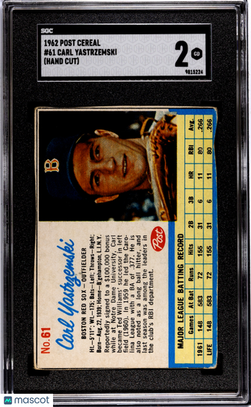 1962 Post Cereal Carl Yastrzemski #61 SGC 2
