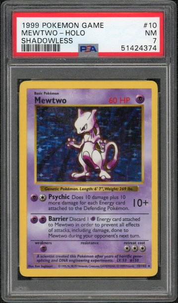 1999 Pokemon Base Set Shadowless Holo Mewtwo #10 PSA 7