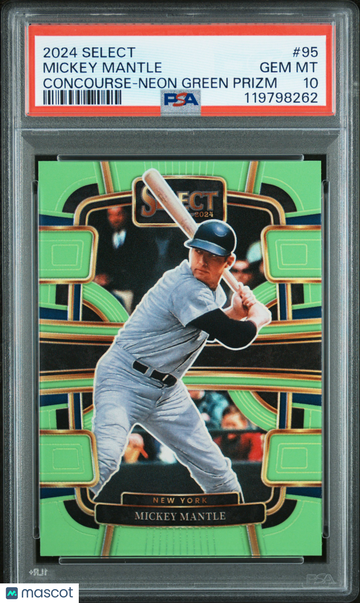 2024 Panini Select Concourse Mickey Mantle #95 Neon Green Prizm PSA 10