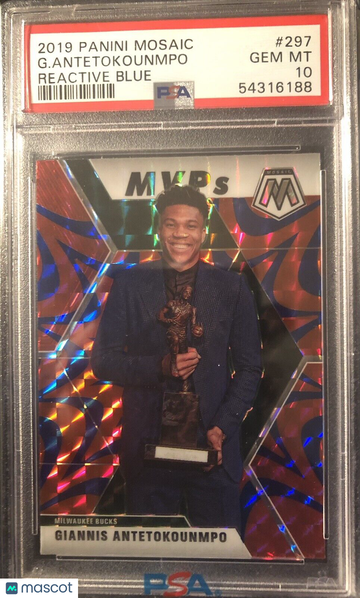 Giannis Antetokounmpo 2019 Mosaic #297 Reactive Blue Prizm PSA 10 Gem Mint Bucks