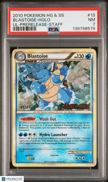 2010 Pokemon Heartgold & Soulsilver Unleashed Blastoise Holo Ul-Prerelease-Staff PSA 7 #13