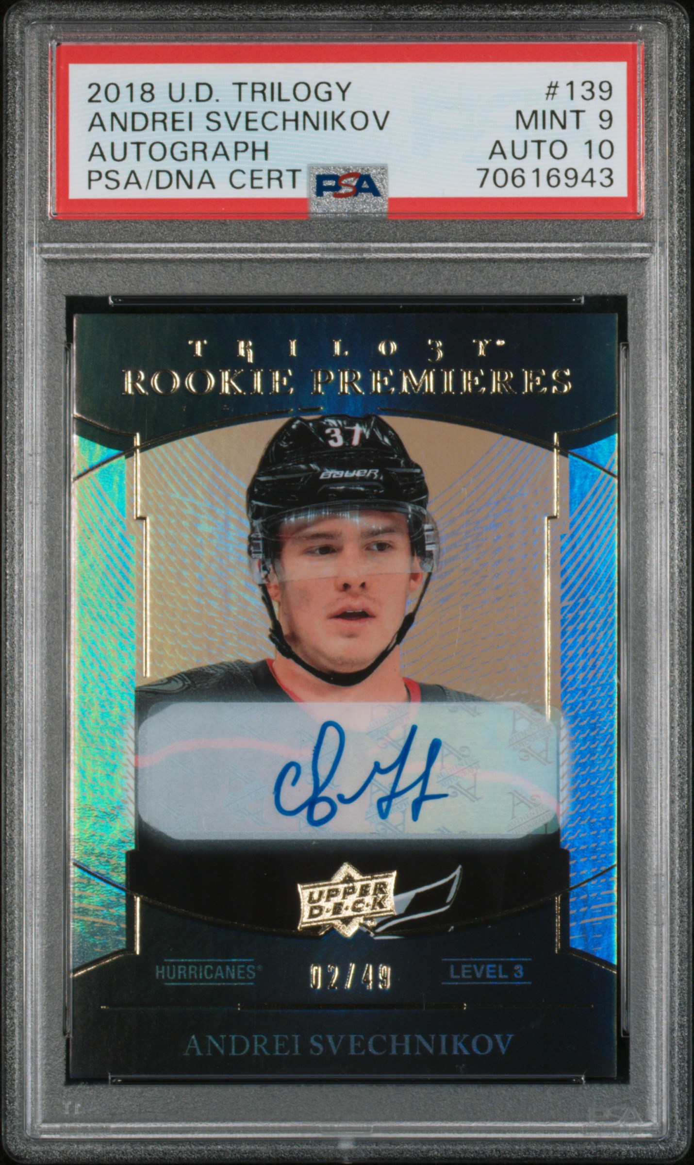 2018 Upper Deck Trilogy Andrei Svechnikov #139 Autograph PSA 9