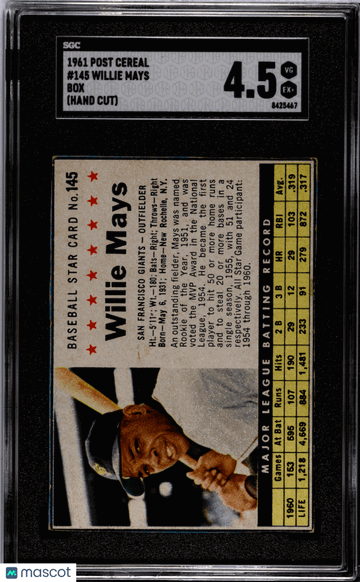 1961 Post Cereal Willie Mays #145 Box (Hand Cut) SGC 4.5