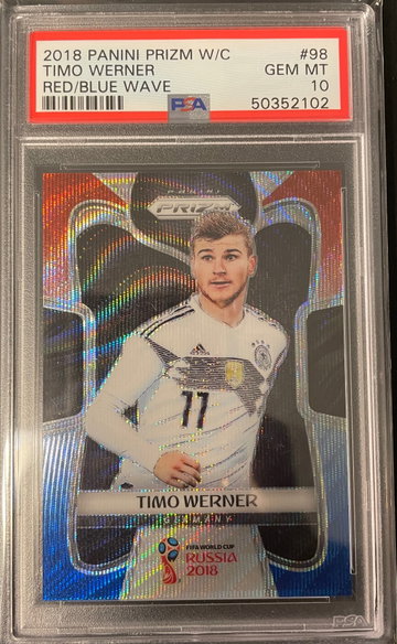 Timo Werner ROOKIE RC 2018 Panini Prizm World Cup #98 RED/BLUE Wave - PSA 10