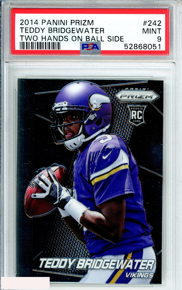 2014 PANINI PRIZM TEDDY BRIDGEWATER #242 TWO HANDS ON BALL SIDE ROOKIE RC PSA 9