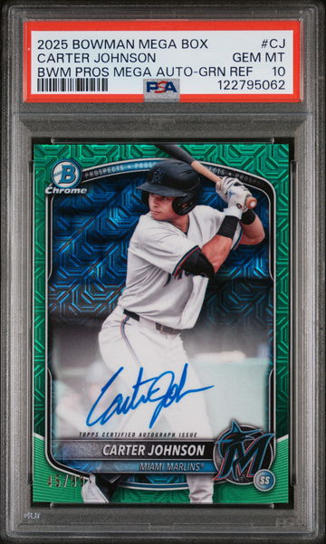 2025 Bowman Mega Box Bowman Prospect Mega Autographs Green Refractor Carter Johnson #CJ /99 PSA 10
