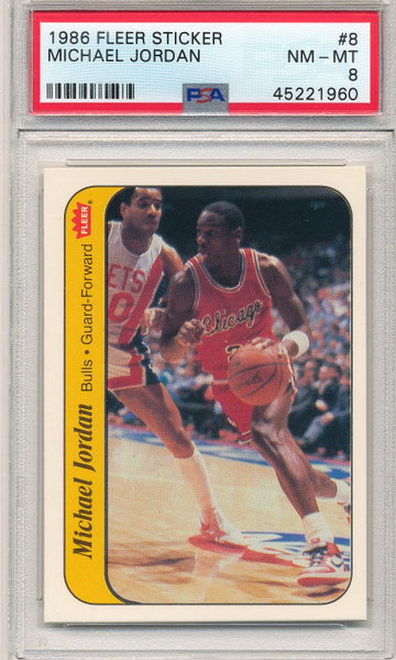 Michael Jordan 1986 Fleer Sticker Rookie Card RC #8 PSA 8