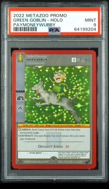 💎🤑 2022 Metazoo Promo GREEN GOBLIN 😈-FULL HOLO PAYMONEYWUBBY 💵🌲 PSA 9 🦁🧤