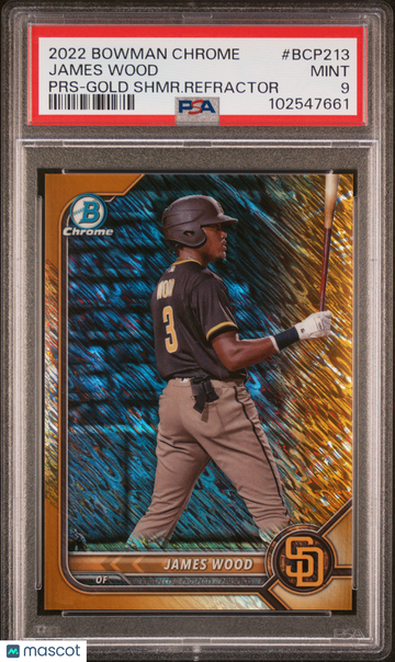 2022 Bowman Chrome Prospects James Wood #BCP213 PRS Gold Shmr. Refractor /50 PSA 9