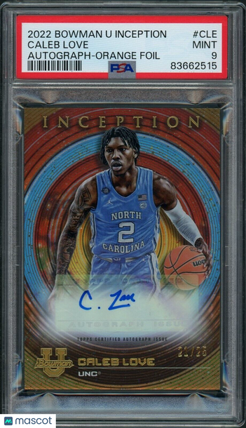 2022 Bowman U Inception Caleb Love Orange Foil Auto #/25 Card #BIA-CLE PSA 9