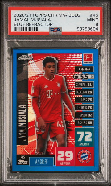 2020 TOPPS CHROME MATCH ATTAX BUNDESLIGA JAMAL MUSIALA BLUE #45 ROOKIE PSA 9