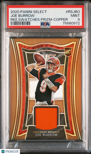2020 Panini Select Rookie Swatches Prizm Joe Burrow #RSJBO RKE. Swatches Prizm Copper /49 Rookie PSA 9