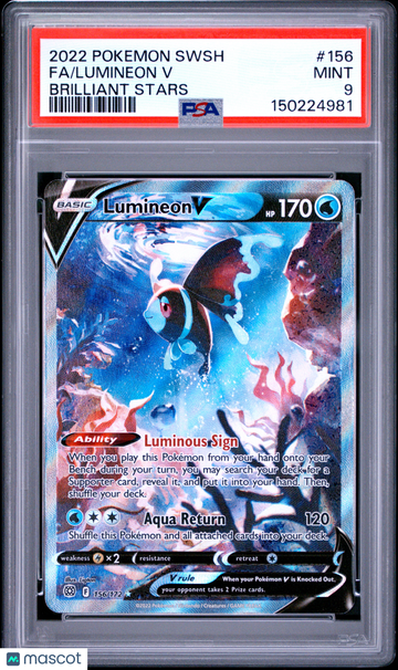 2022 Pokemon Sword & Shield Brilliant Stars Lumineon V Fa Brilliant Stars PSA 9 #156
