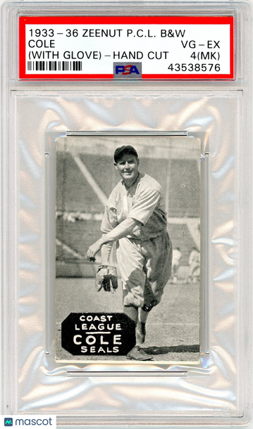 1933-36 Zeenut Pacific Coast League B&W Cole (With Glove) Hand Cut MK PSA 4