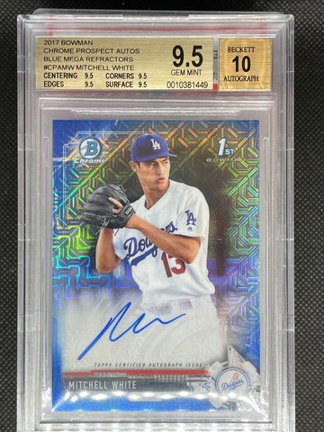 BGS 9.5 Auto 10 Mitchell Mitch White 2017 Bowman Chrome Prospect Blue Mega Refractor Blue Jays