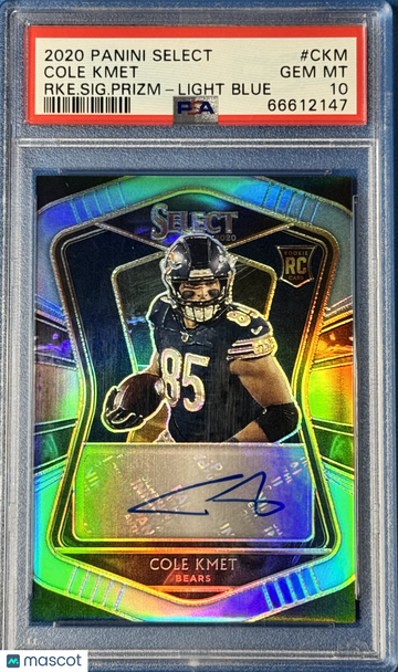 2020 Panini Select Rookie Signatures Cole Kmet #CKM RKE. SIG. Prizm Light Blue /45 Rookie PSA 10