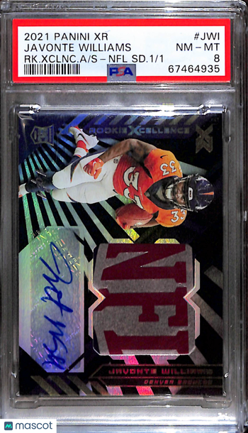 2021 Panini XR Rookie Xcellence Autograph Swatches Javonte Williams #JWI RK. Xclnc. A NFL SD. /1 PSA 8