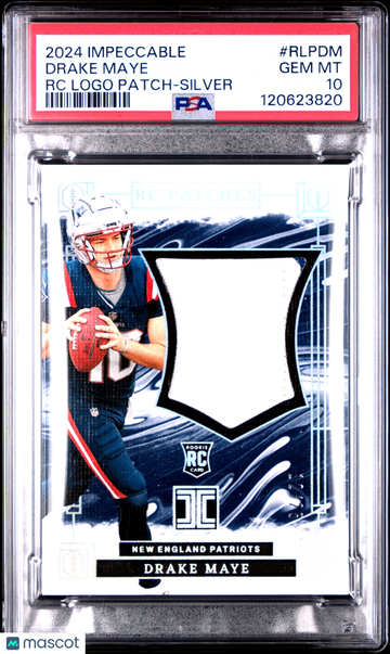 2024 Panini Impeccable Drake Maye #RLPDM RC Logo Patches Silver /25 Parallel/Variety Rookie Memorabilia PSA 10