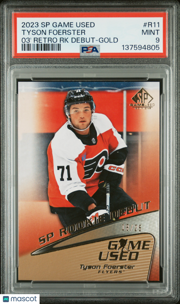 2023-24 Upper Deck SP Game Used 2003-04 Retro Rookie Debut Tyson Foerster #R11 Gold /25 Rookie PSA 9