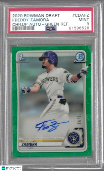 2020 Bowman Draft Chrome Draft Picks Autographs Freddy Zamora #CDAFZ CHR. DP Green Refractor PSA 9