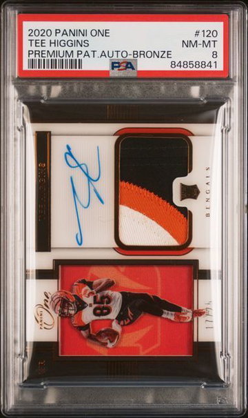 2020 Panini One | Rookie Tee Higgins | Premium Patch Auto - Bronze | 11/25 | PSA 8