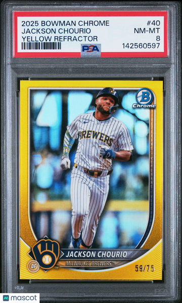 2025 Bowman Chrome Jackson Chourio #40 Yellow Refractor /75 PSA 8