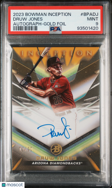 2023 Bowman Inception Autographs Druw Jones #BPADJ Gold Foil /50 PSA 9