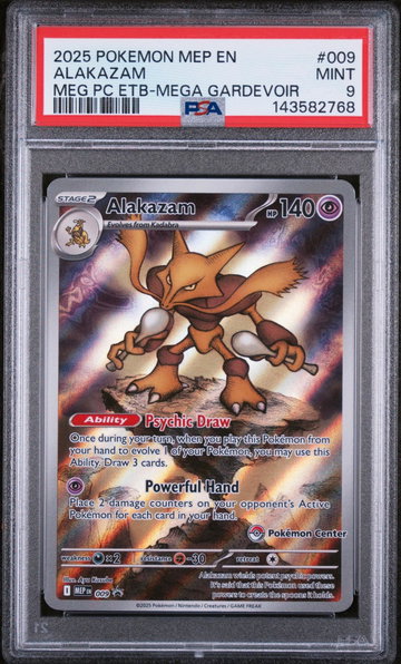 2025 Pokemon Mega Evolution Black Star Promo Mega Gardevoir Pokemon Center Elite Trainer Box Alakazam #009 PSA 9