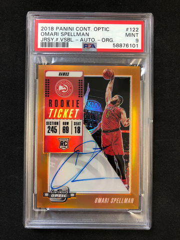 2018 Contenders Optic - Omari Spellman - Rookie Auto Orange Prizm SSP /25 PSA 9