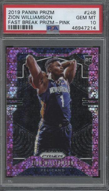 2019 Panini Prizm #248 Zion Williamson RC Fast Break Prizm - Pink PSA 10 GEM MINT ROOKIE /50