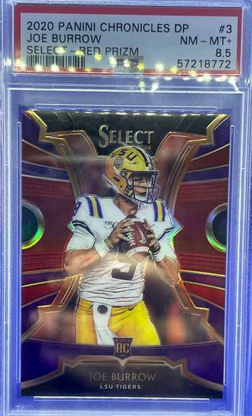 2020 PANINI CHRONICLES DRAFT JOE BURROW RC SELECT RED PRIZM PSA 8.5 NM-MT+ SP
