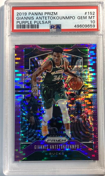 2019-20 Panini Prizm Basketball #152 Giannis Antetokounmpo Purple Pulsar /35 PSA 10